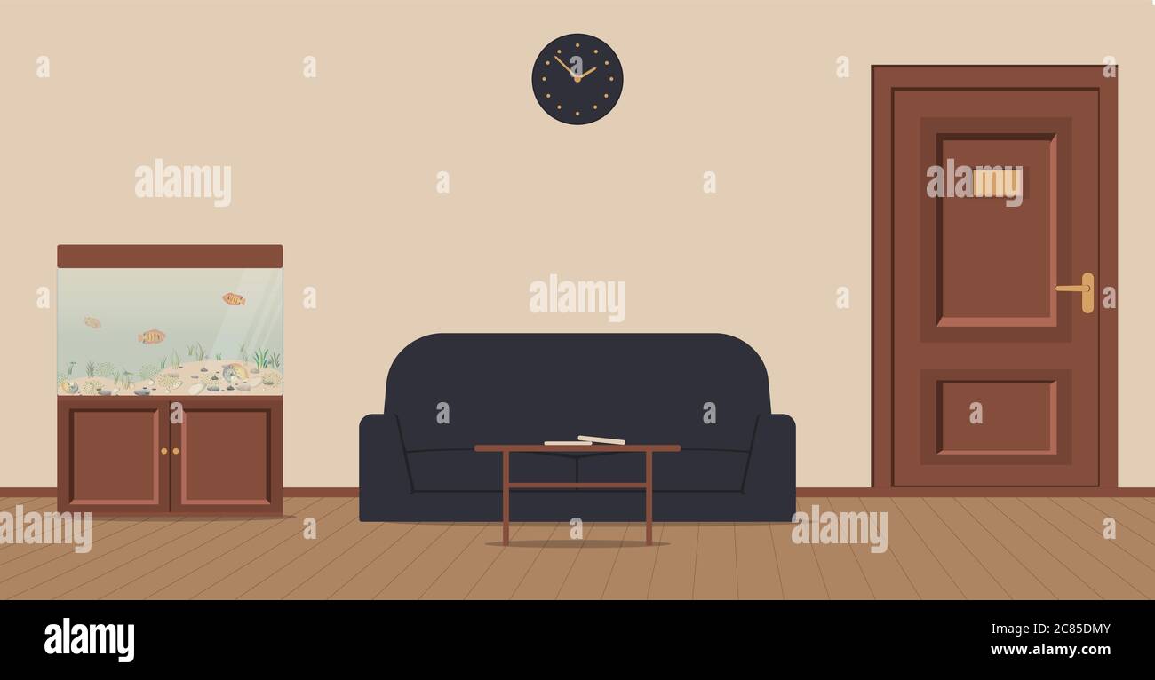 Couloir de bureau sur fond crème: Aire d'attente pour les visiteurs avec aquarium avec poisson, canapé et planches en bois sur le plancher.la porte à l'armoire Illustration de Vecteur