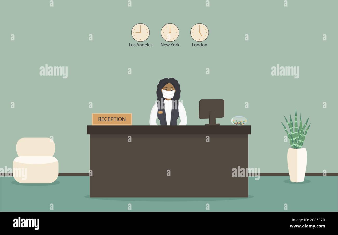 Réceptionniste noire dans un masque médical de protection derrière le lieu de travail dans l'hôtel ou la banque. Intérieur d'un bureau de réception moderne dans la salle d'attente ou le hall Illustration de Vecteur Réceptionniste noire dans un masque médical de protection derrière le lieu de travail dans l'hôtel ou la banque. Intérieur d'un bureau de réception moderne dans la salle d'attente ou le hall Illustration de Vecteur