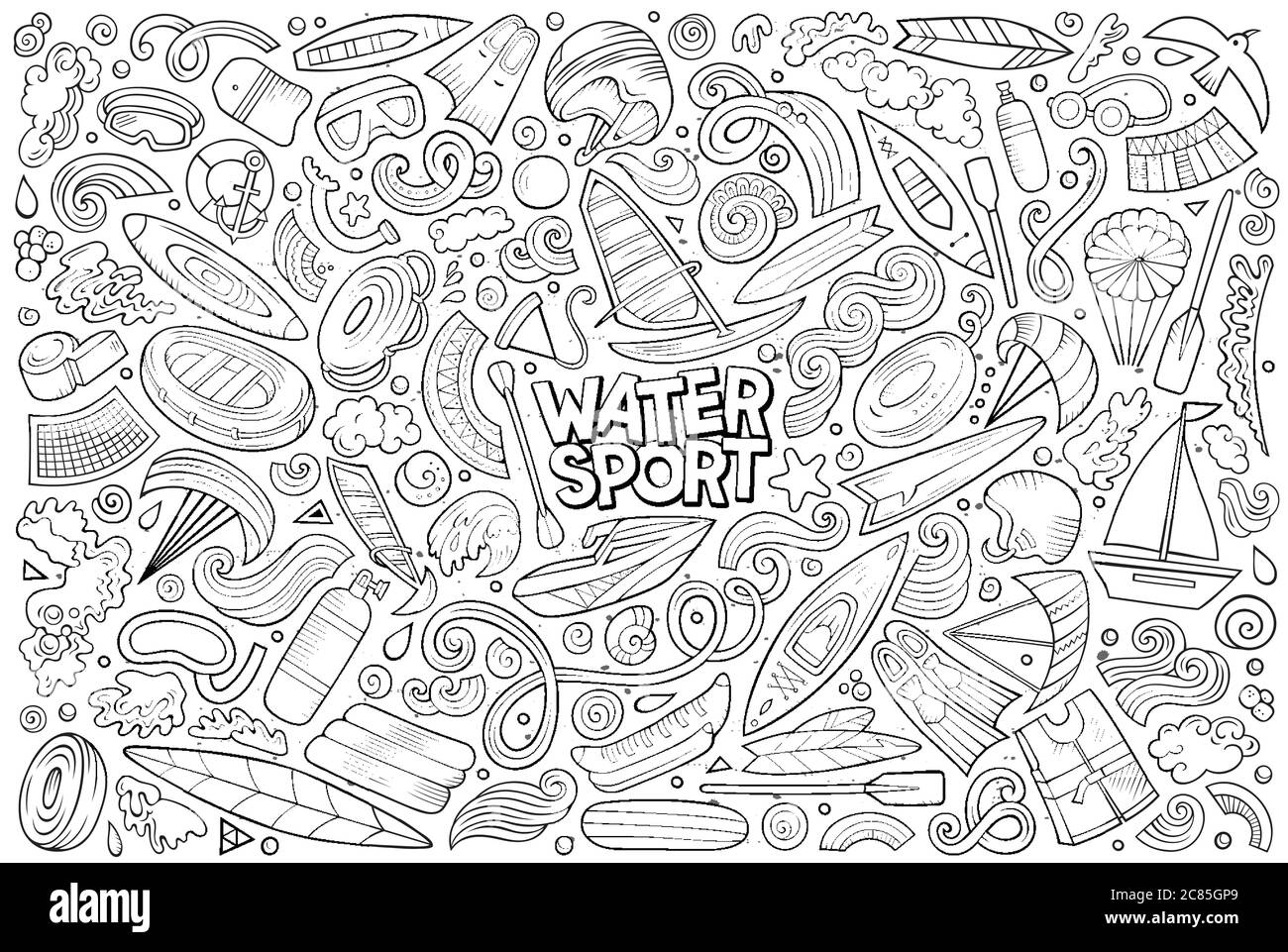 Ensemble de dessins animés à dessin animé de type Doodle vectoriel d'objets et de symboles de sports nautiques Illustration de Vecteur