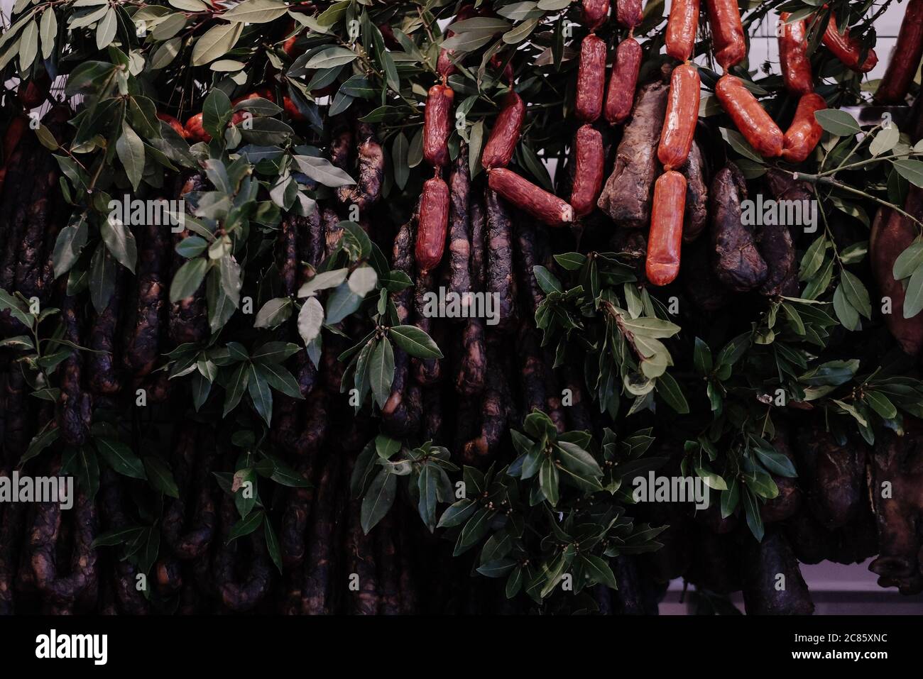 Mise au point sélective de différents types de saucisses accrochées les branches Banque D'Images