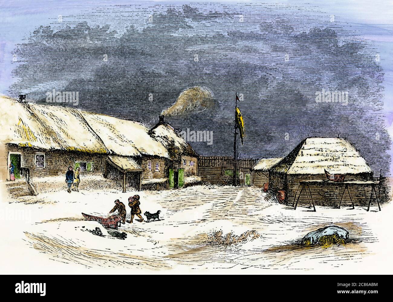 Avant-poste russe, Redoute St. Michael's sur Norton Sound, Alaska, milieu des années 1800. Coupe de bois de couleur main Banque D'Images