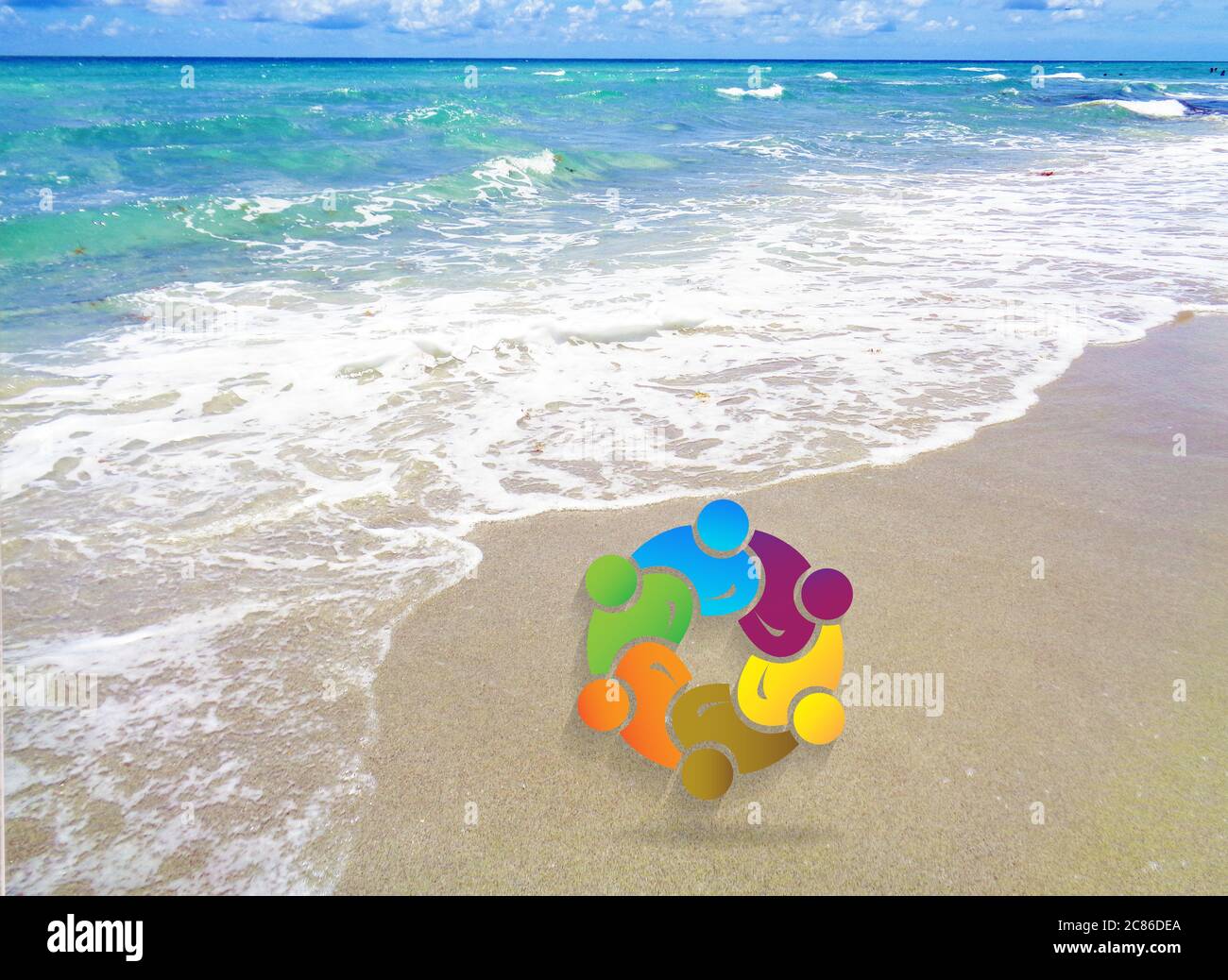 Logo de travail d'équipe avec concept de publicité de paysage marin de plage pour l'image d'arrière-plan de votre entreprise Banque D'Images