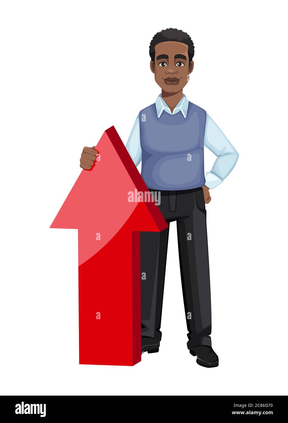 Homme d'affaires afro-américain debout près de la grande flèche rouge. Charmant homme d'affaires, charmant et joyeux. Illustration vectorielle Illustration de Vecteur