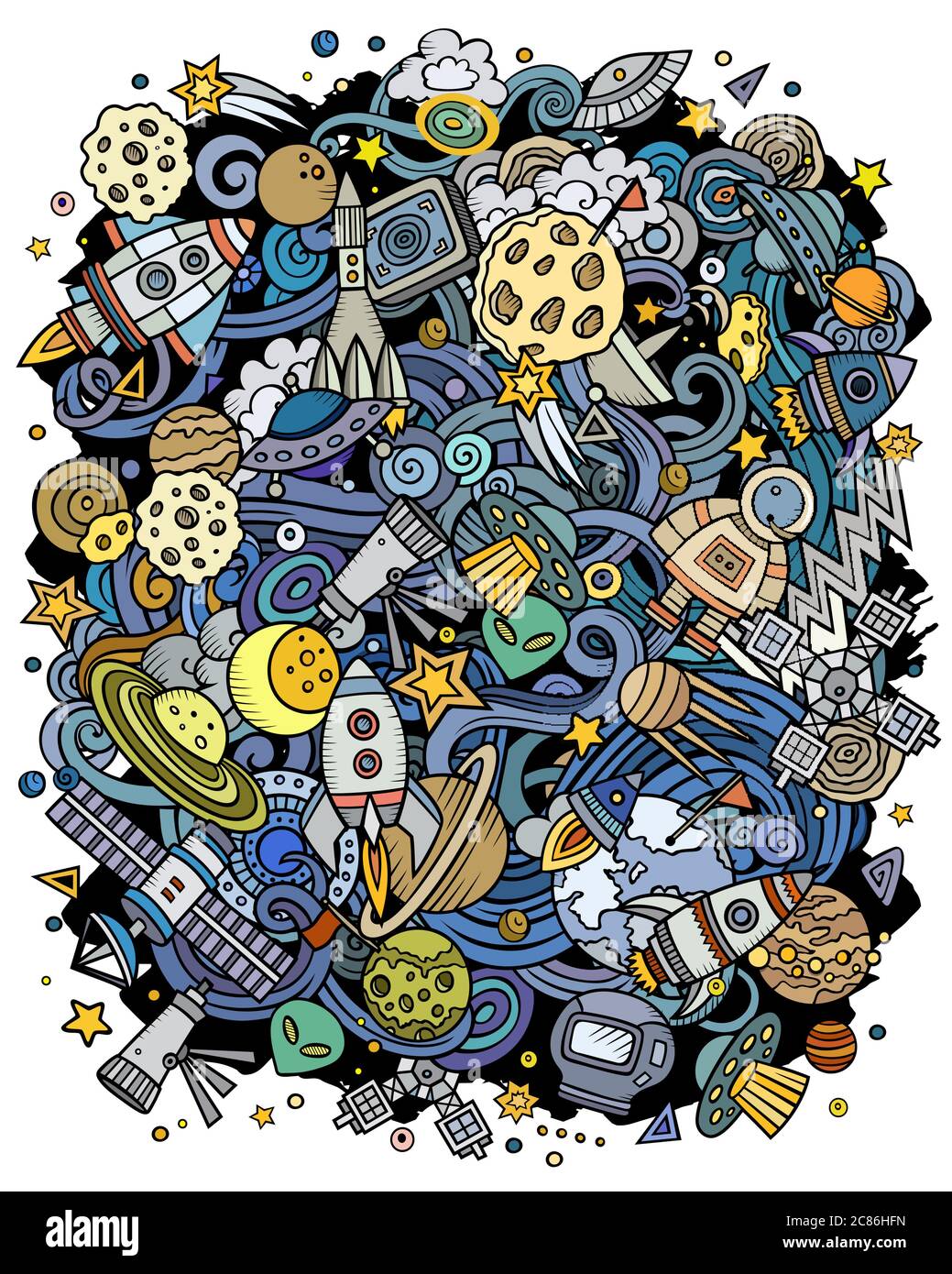 Dessin animé vecteur dessin espace illustration. Couleurs vives cosmique drôle d'image Illustration de Vecteur