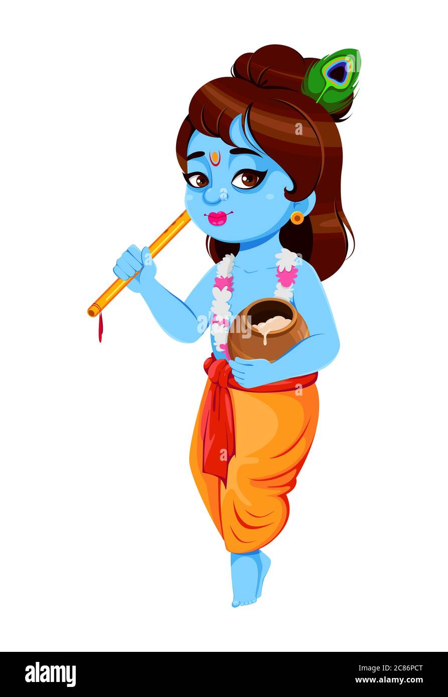 Heureux Krishna Janmaschtami, ensemble de trois poses. Seigneur Krishna avec flûte et pot. Bonne fête de Janmashtami en Inde. Illustration vectorielle isolée sur W Illustration de Vecteur