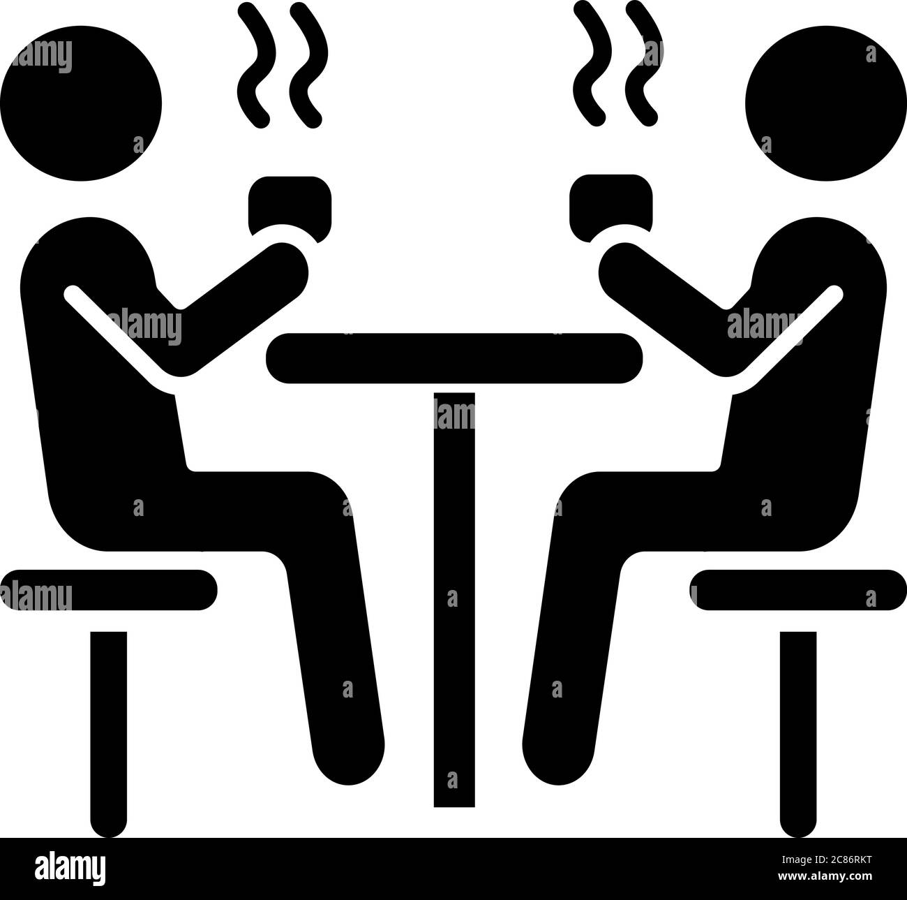 Salle à manger, icône en glyphe noir. Cafétéria scolaire. Cantine universitaire. Les étudiants déjeunent à table. Les gens boivent des boissons chaudes. Symbole de silhouette sur W Illustration de Vecteur
