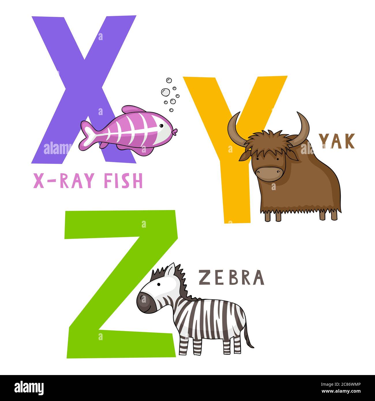 Alphabet des animaux anglais X, Y et Z des lettres avec cute cartoon x-ray, le poisson zèbre et yak Banque D'Images