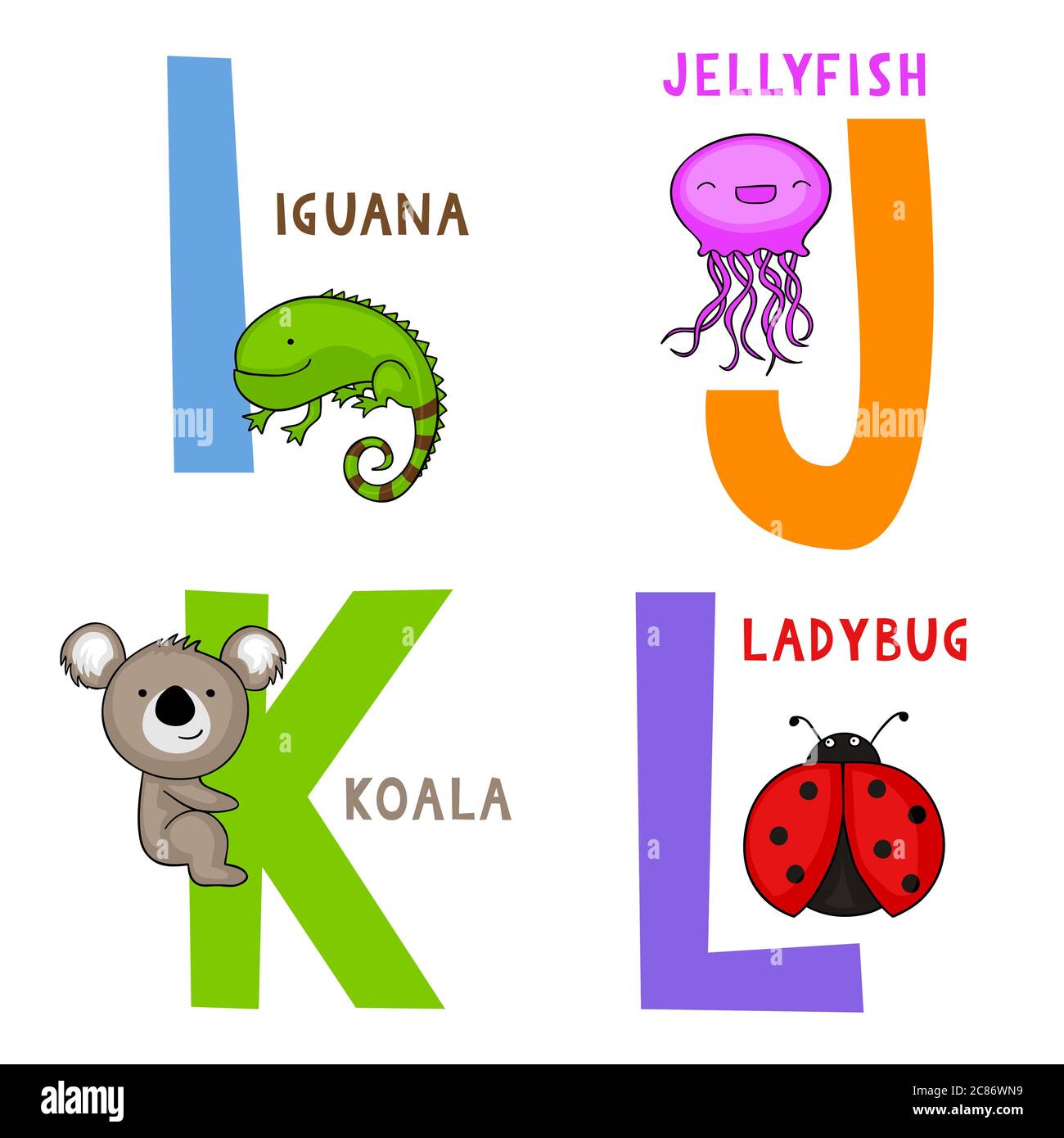 Alphabet des animaux anglais I, J, K et L des lettres avec cute cartoon iguane, méduses, koala et ladybug Banque D'Images