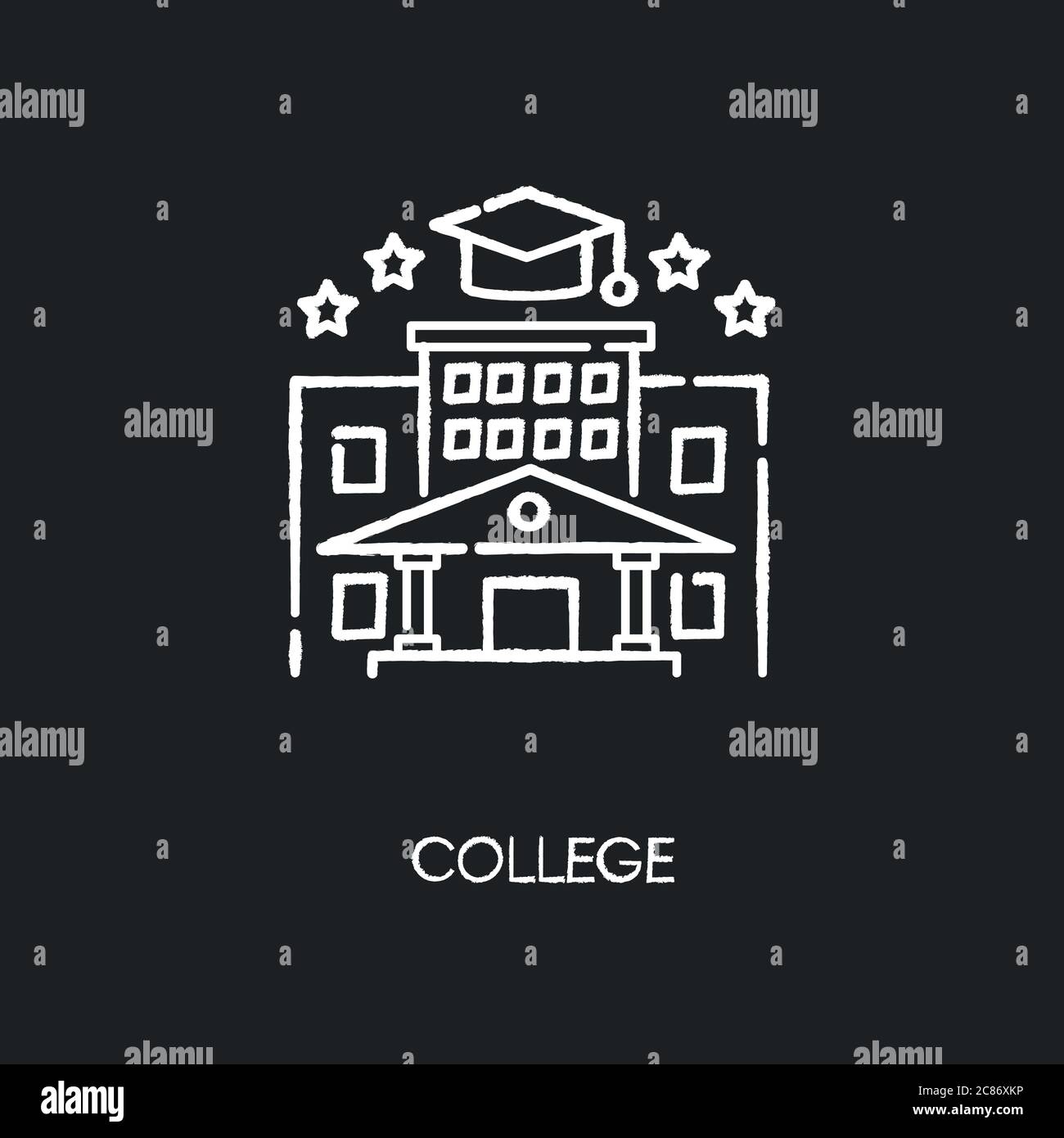 Icône blanche de la craie College sur fond noir. Enseignement supérieur. Établissement universitaire, gymnase prestigieux, diplôme universitaire. Campus et licence Illustration de Vecteur