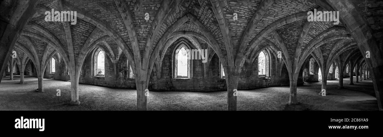 Cellarium à l'abbaye de Fountains. L'un des plus grands et des mieux préservés monastères cisterciens détruits d'Angleterre. Fondée en 1132. Banque D'Images