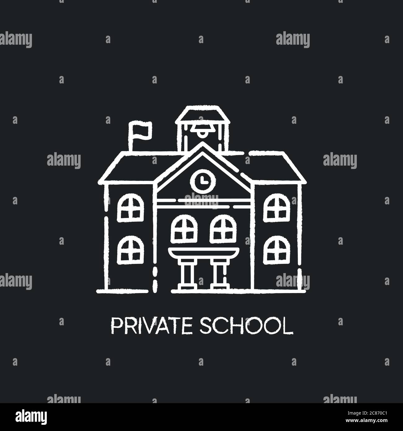 Icône blanche de craie d'école privée sur fond noir. Établissement d'enseignement prestigieux, établissement universitaire indépendant. Système éducatif exclusif Illustration de Vecteur