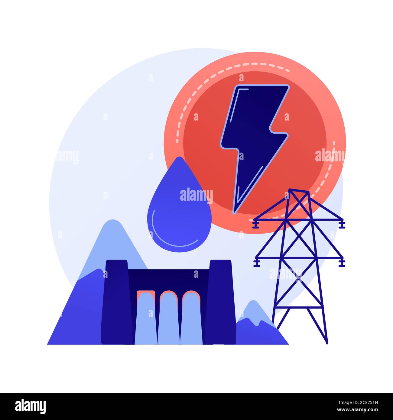 Centrale hydroélectrique, utilisation de l'énergie de masse d'eau, métaphore du concept de vecteur de barrage et de réservoir. Illustration de Vecteur