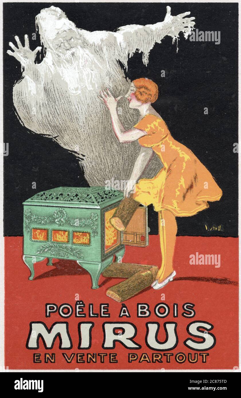 Affiche pour LE poêle À bois MIRUS, qui, si vous êtes assez sage pour en acheter un, vous donnera le droit de pouce votre nez à Jack Frost Date: 1923 Banque D'Images