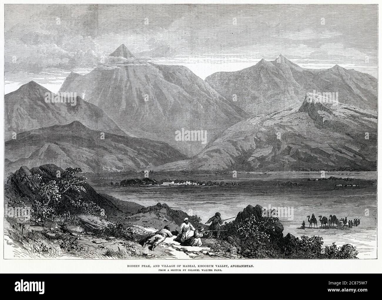 Bodeen Peak et le village de Madzai, dans la vallée du Kurram. Date: 1878 Banque D'Images