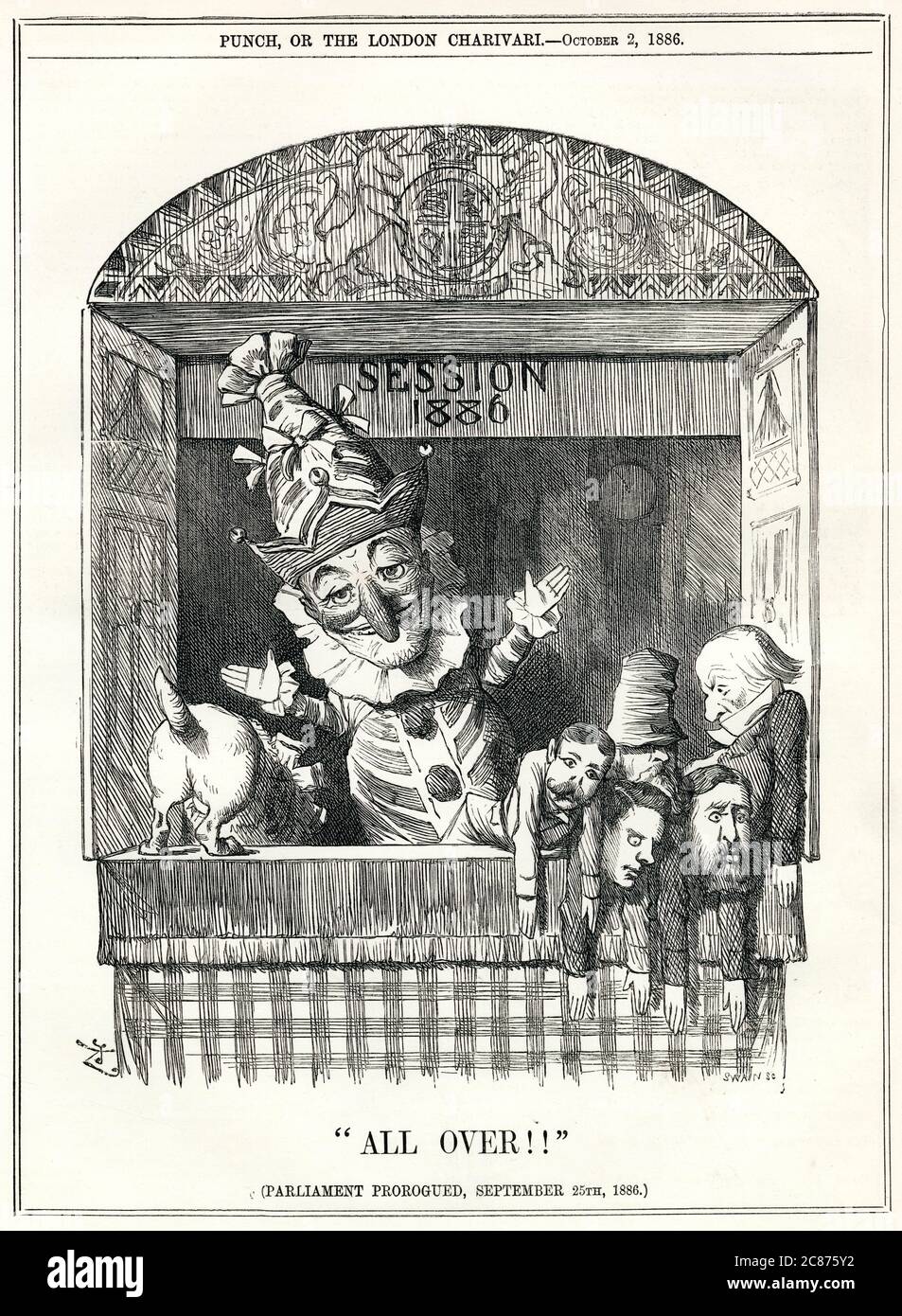 Caricature, partout !! Les députés britanniques représentés comme des marionnettes à gants, écartés par M. Punch le marionnetmaster alors que la session parlementaire de 1886 prend fin. Date: 1886 Banque D'Images