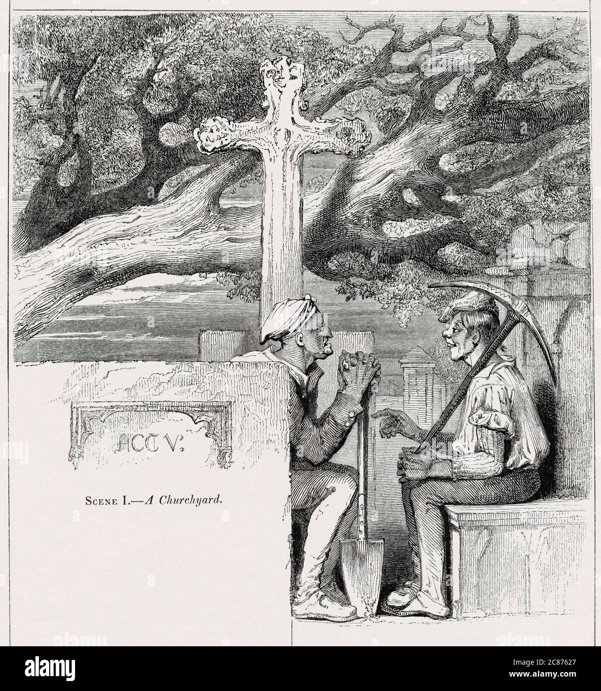 Illustration de Kenny Meadows à Hamlet, Prince du Danemark, par William Shakespeare. Deux gravediggers dans le chantier de la choucerie, prenant une pause de creuser la tombe d'Ophelia. Date: 1840 Banque D'Images
