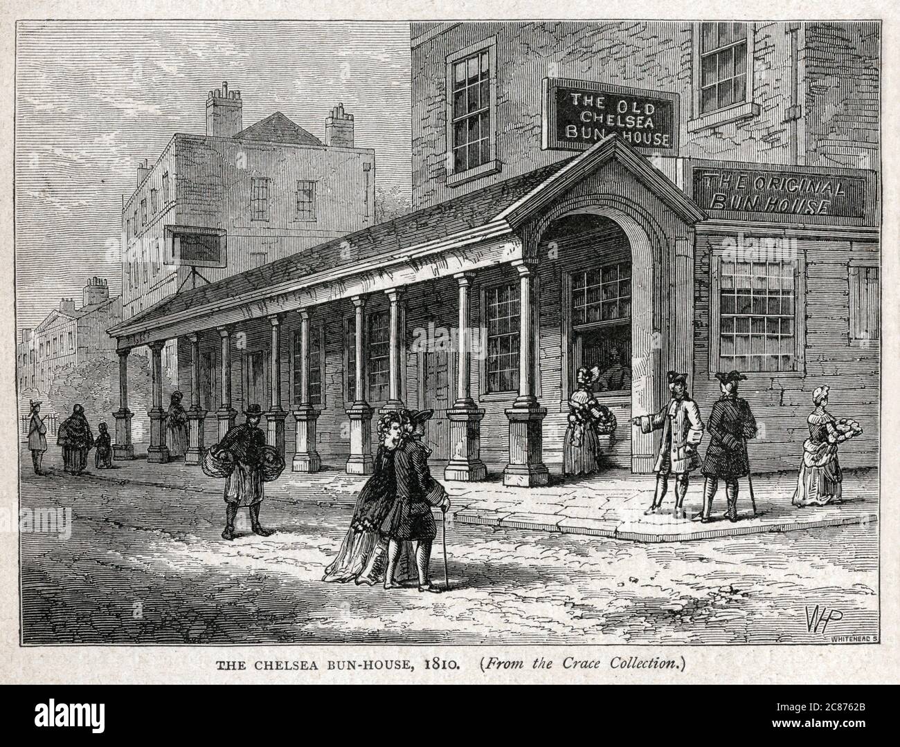 The Chelsea Bun House en 1810, auteur du Chelsea Bun et condescendant par la royauté hanobienne, Kings George II et III Le magasin était sur la route principale de Pimlico à Chelsea. Date: 1810 Banque D'Images