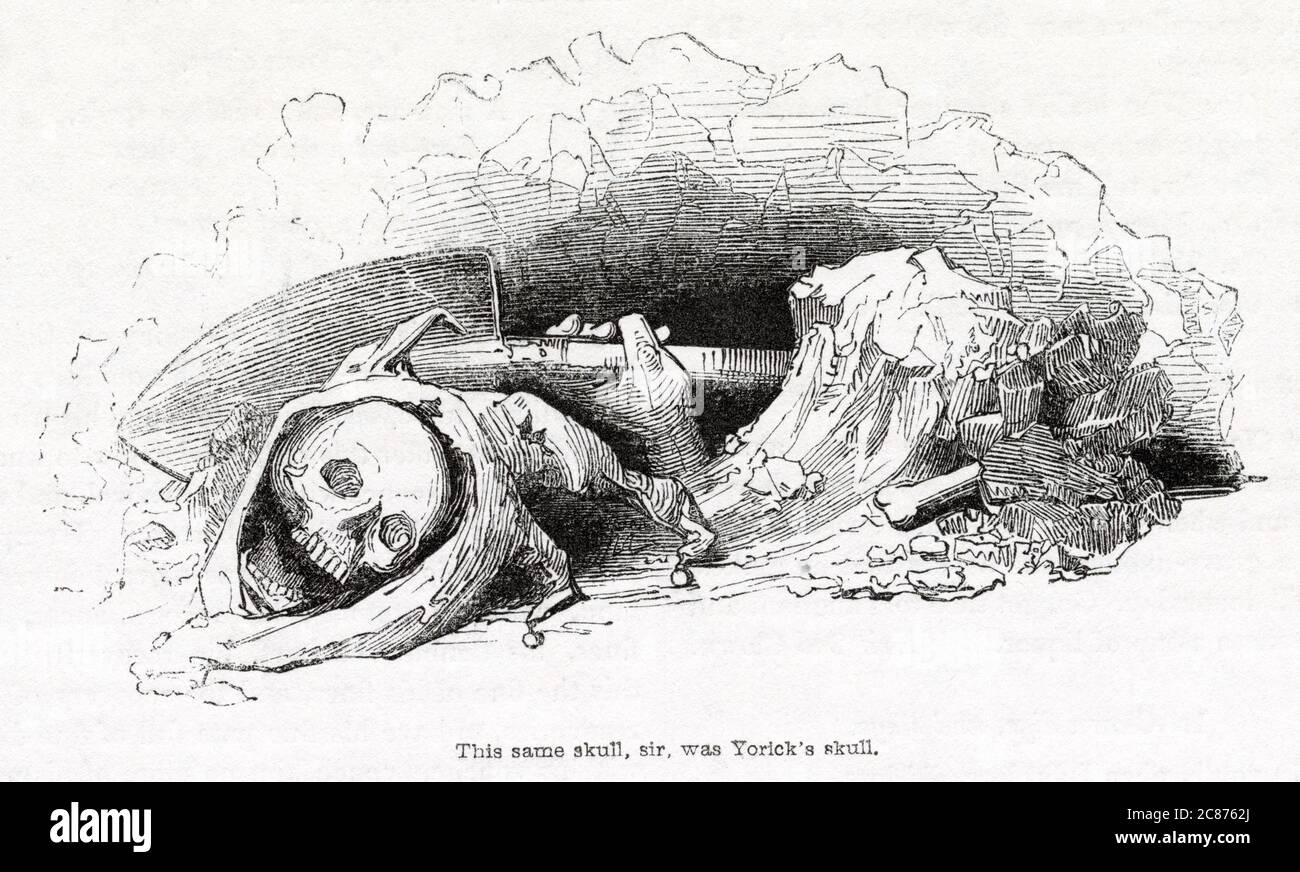 Illustration de Kenny Meadows à Hamlet, Prince de Danemark, par William Shakespeare. Le crâne du bouffon de cour, Yorick, qui conduit Hamlet à se remémorer. Banque D'Images