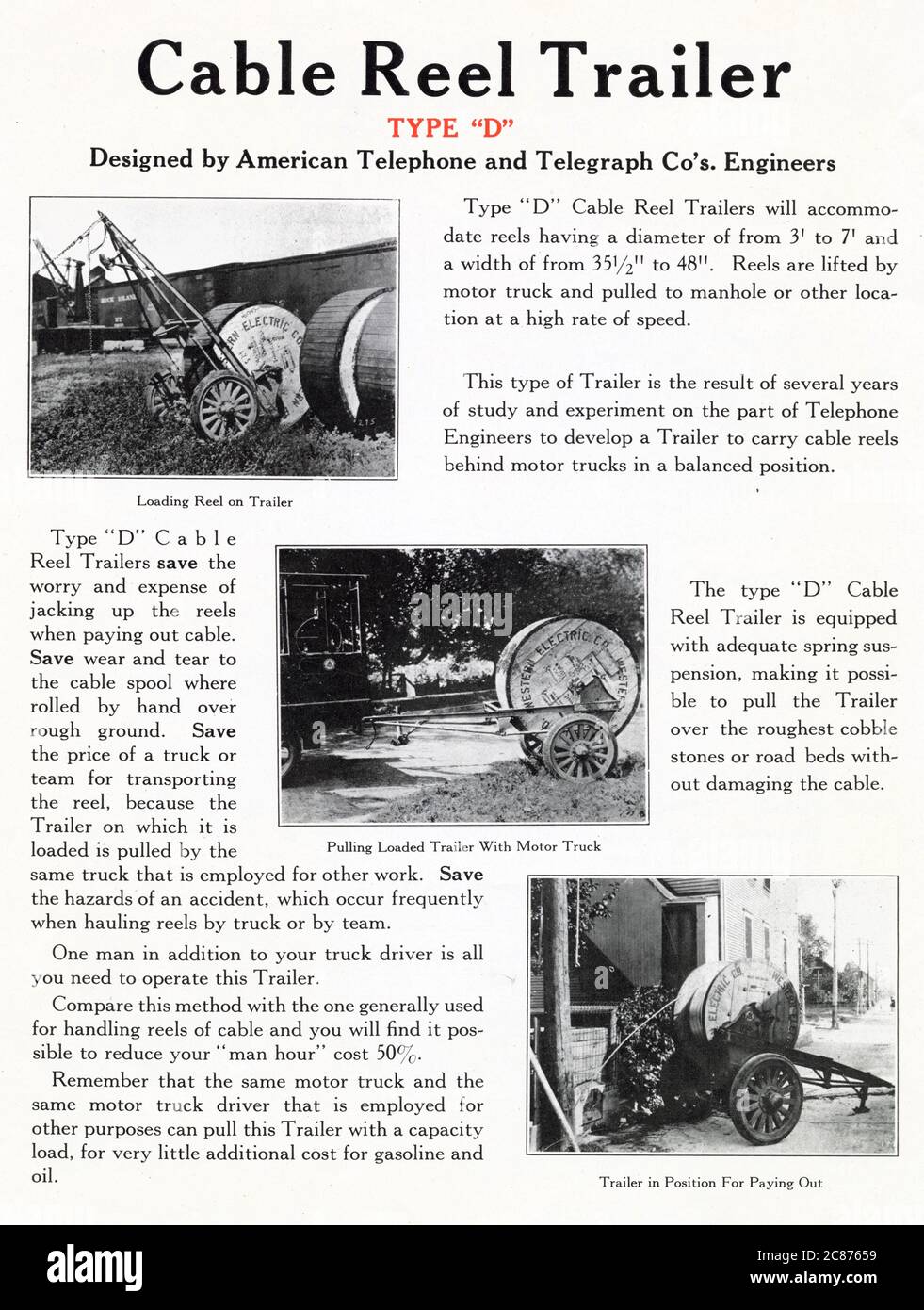 Trois remorques à bobines de câble de type D, conçues par les ingénieurs d'American Telephone and Telegraph Company. Chargement du rabatteur sur la remorque, traction de la remorque chargée avec le camion à moteur et la remorque en position pour le paiement. Date : début des années 1920 Banque D'Images
