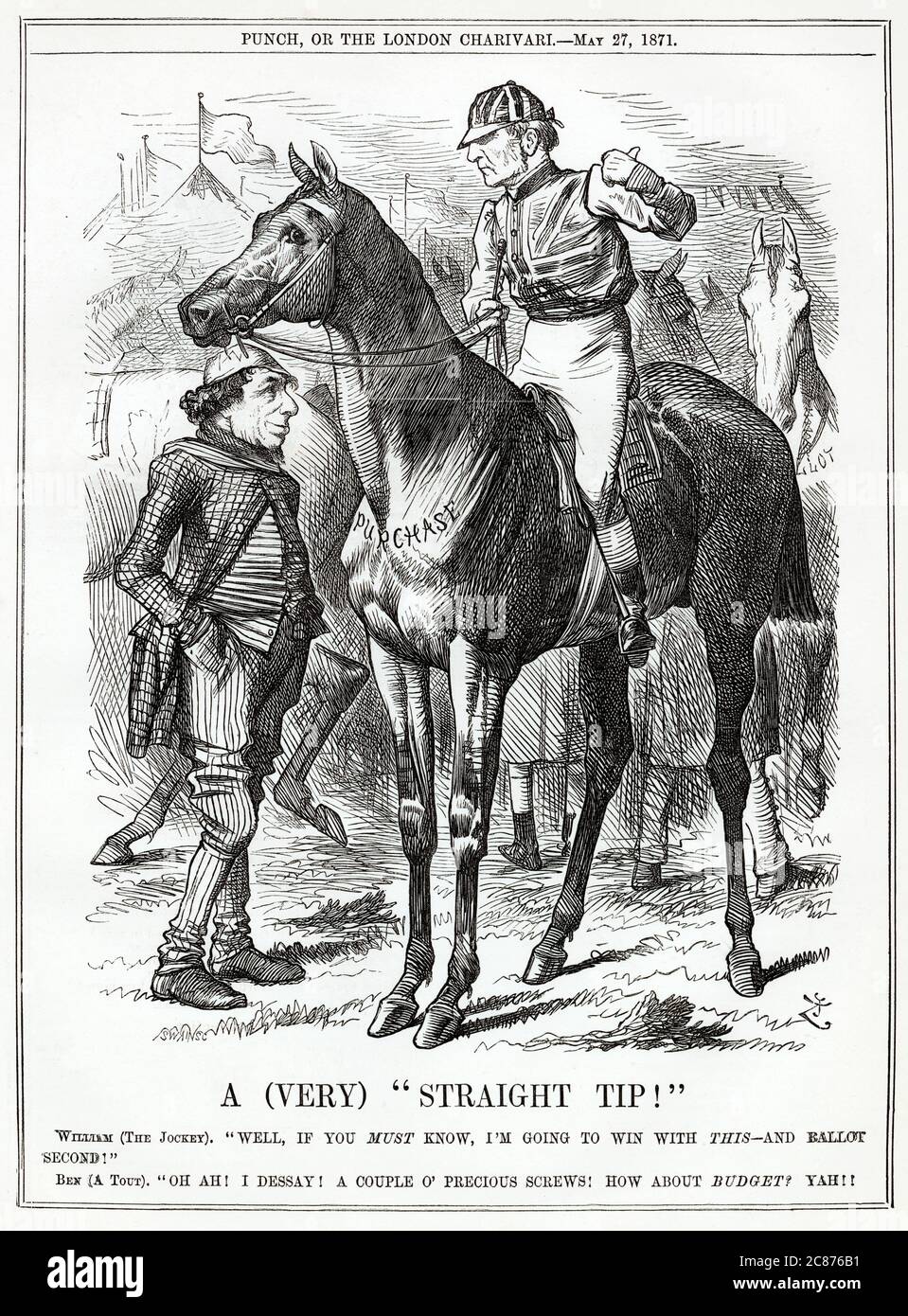 Caricature, UNE pointe droite (très) ! Dans une analogie afferante, Gladstone AS jockey (Riding Purchase) dit à son rival politique Disraeli (a tout) qu'il va gagner sur ce cheval, et le vote (en se référant au vote secret prévu pour le vote) va venir en deuxième place dans la session parlementaire. Disraeli demande, et le budget? De manière sarcastique (le budget de Gladstone avait été moins fructueux et la double a été ajoutée à l'impôt sur le revenu). Date: 1871 Banque D'Images