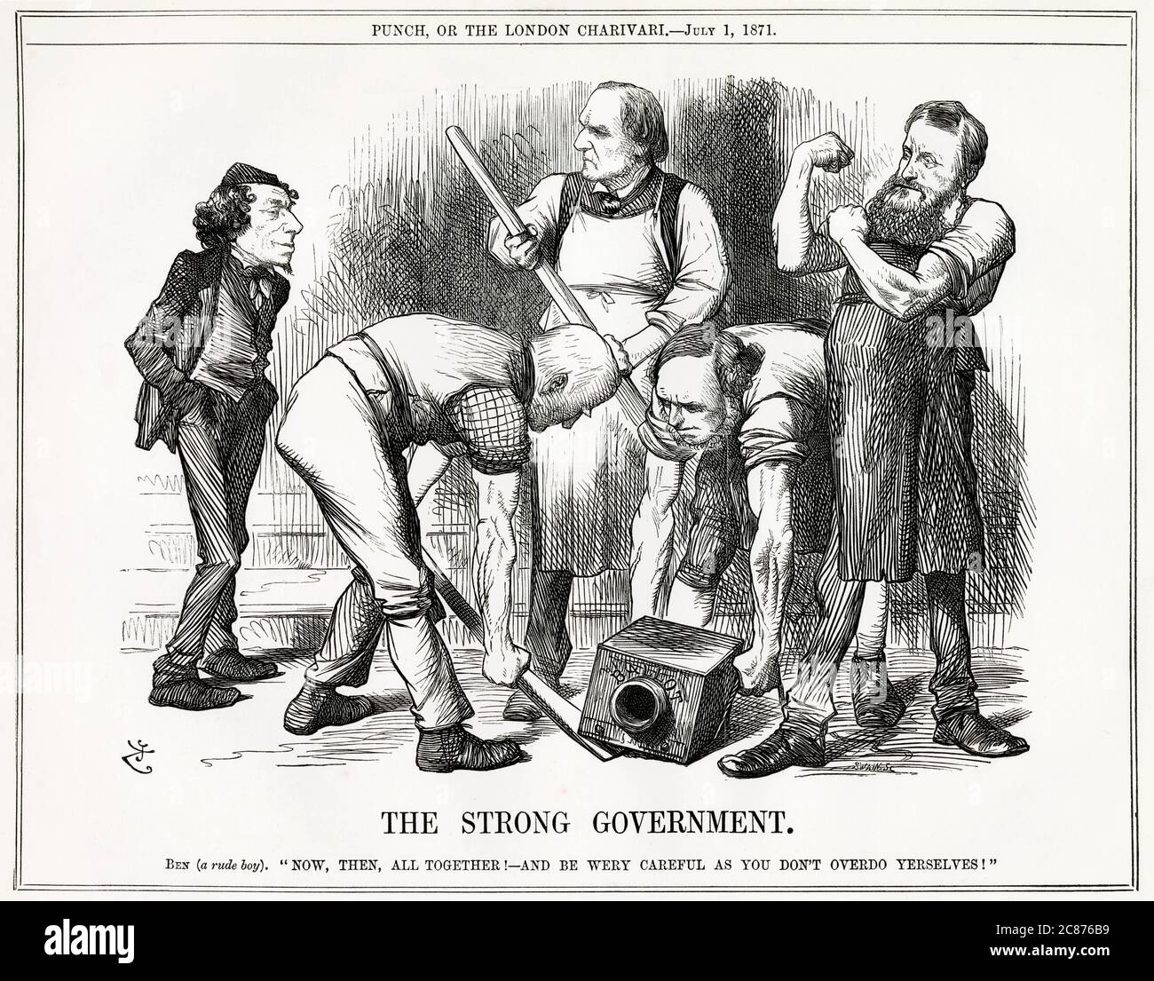 Caricature, le gouvernement fort -- un commentaire satirique sur le gouvernement de Gladstone présentant le projet de loi sur le vote (loi sur le vote secret dans les élections) vers la fin d'une session parlementaire très chargée. Un garçon grossier Disraeli dit à Gladstone et à ses trois collègues de faire attention à ne pas faire trop de choses. Date: 1871 Banque D'Images