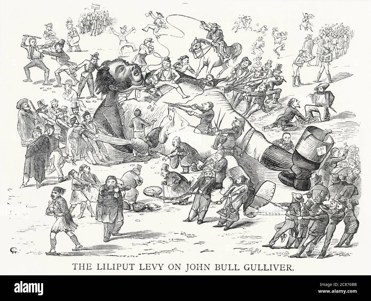 Cartoon, The Liliput Levy on John Bull Gulliver -- un commentaire satirique sur la fiscalité mettant la pression sur John Bull (représentant l'homme britannique de la classe moyenne), avec une référence aux Voyages Gulliver de Swift. Banque D'Images