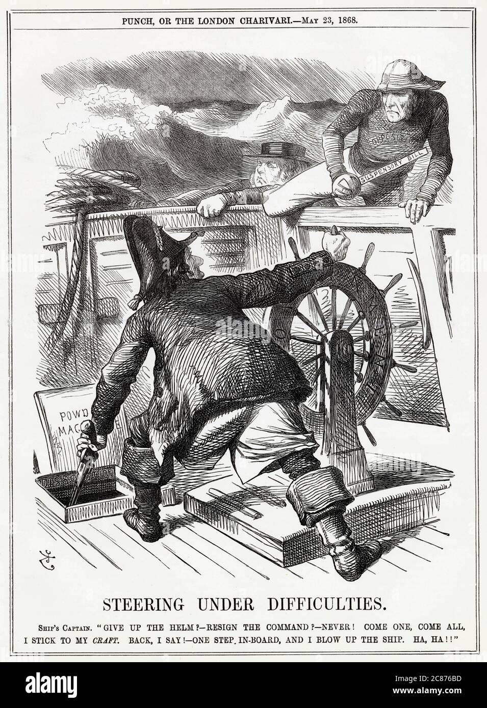 Caricature, Steering Under Displainces -- un commentaire satirique sur la réaction de Disraeli au projet de loi suspensif de l'Église irlandaise de Gladstone, qui a été porté contre le gouvernement conservateur à une large majorité. Disraeli, en tant que capitaine, menace de faire sauter le navire, plutôt que de permettre à Gladstone et Bright de prendre la barre. La loi, qui est entrée en vigueur l'année suivante, séparait l'Église d'Irlande de l'Église d'Angleterre et signifiait que l'Église d'Irlande n'était plus en droit de collecter des dîmes du peuple irlandais. Une loi controversée, elle a aidé à démanteler l'Ascen protestant Banque D'Images