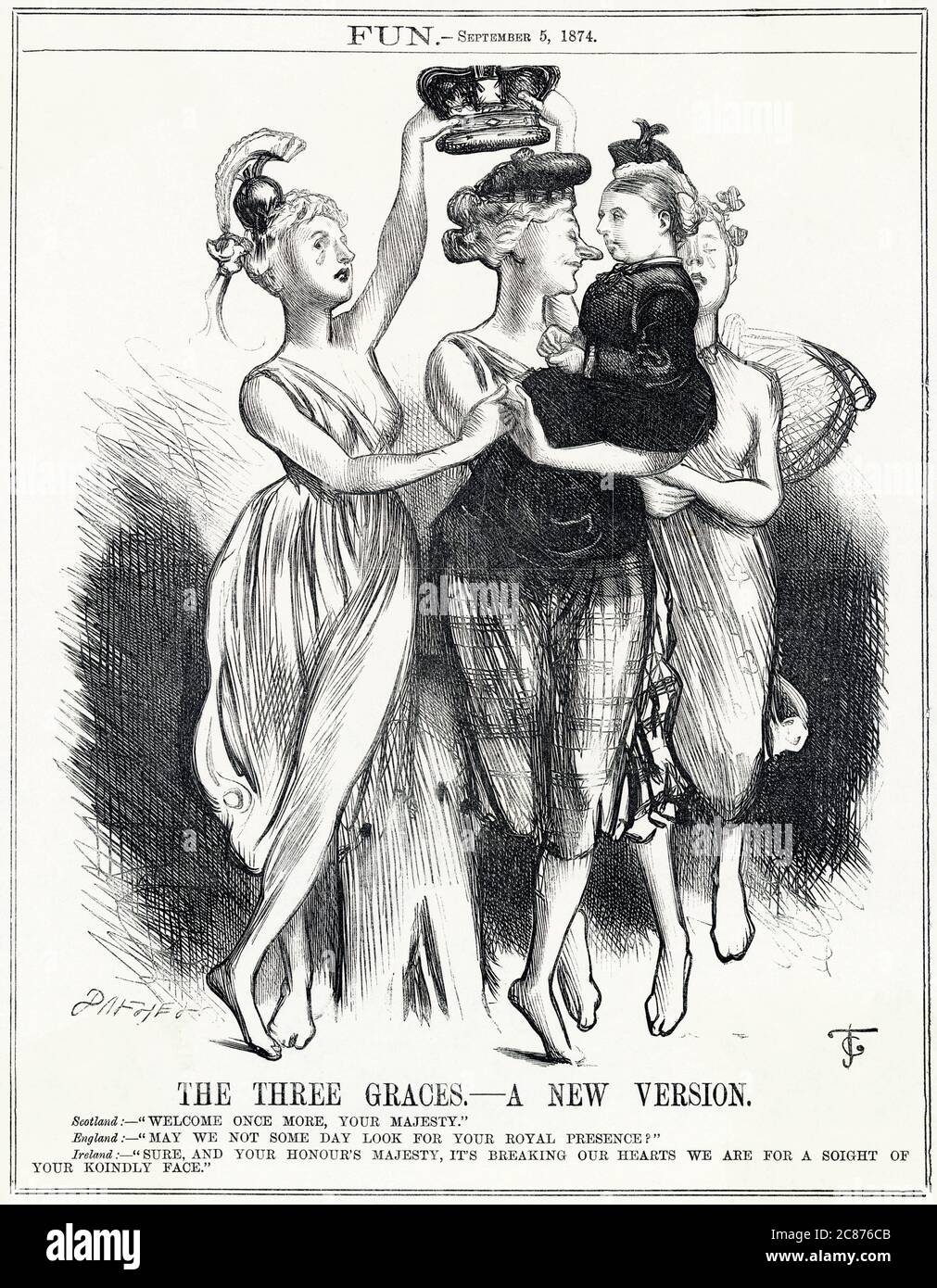 Cartoon, les trois Grâces -- Une nouvelle version. L'Angleterre, l'Écosse et l'Irlande, représentées par trois figures féminines se faisant passer pour les trois Grâces classiques, détiennent une petite figure de la reine Victoria, et déplorent qu'elles ne la voient pas beaucoup ces jours-ci. Un commentaire sur la longue absence de Victoria de la vue du public, à la suite de la mort prématurée du prince Albert en 1861. Banque D'Images