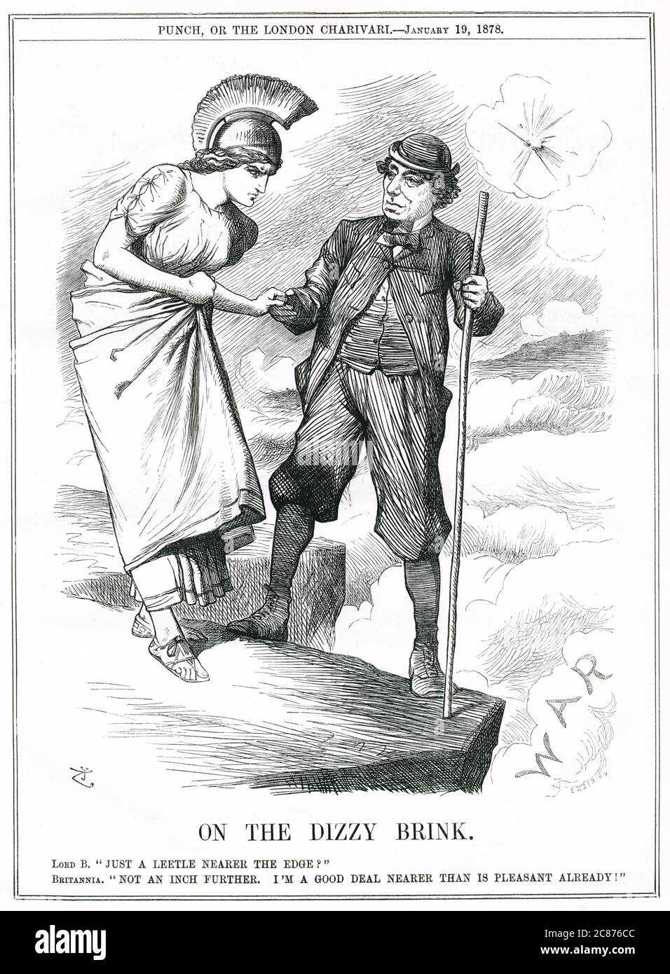 Caricature, sur le fil blanc de Brink -- Benjamin Disraeli mène un Britannia très réticent au bord de la guerre, en envoyant des navires britanniques à Constantinople, au risque de conflit avec les forces russes. Date: 1878 Banque D'Images
