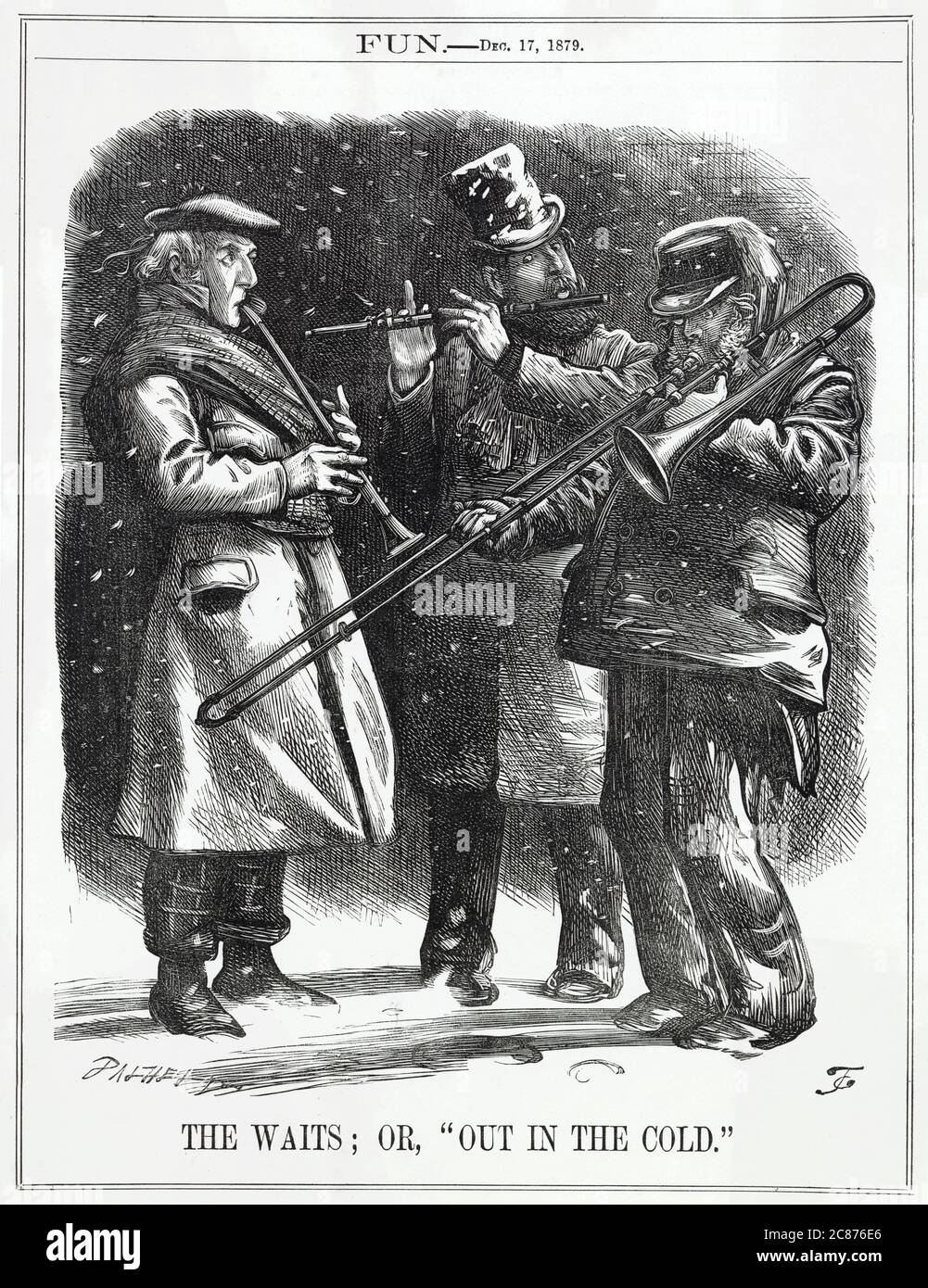 Caricature, les attentes, ou, Out in the Cold -- un commentaire satirique sur le Parti libéral de l'opposition, attendant patiemment une élection générale pour qu'ils puissent revenir au pouvoir. Gladstone, Hartington et Bright sont représentés comme des musiciens de rue jouant dehors sur une nuit froide de neige, juste avant Noël. Date: 1879 Banque D'Images