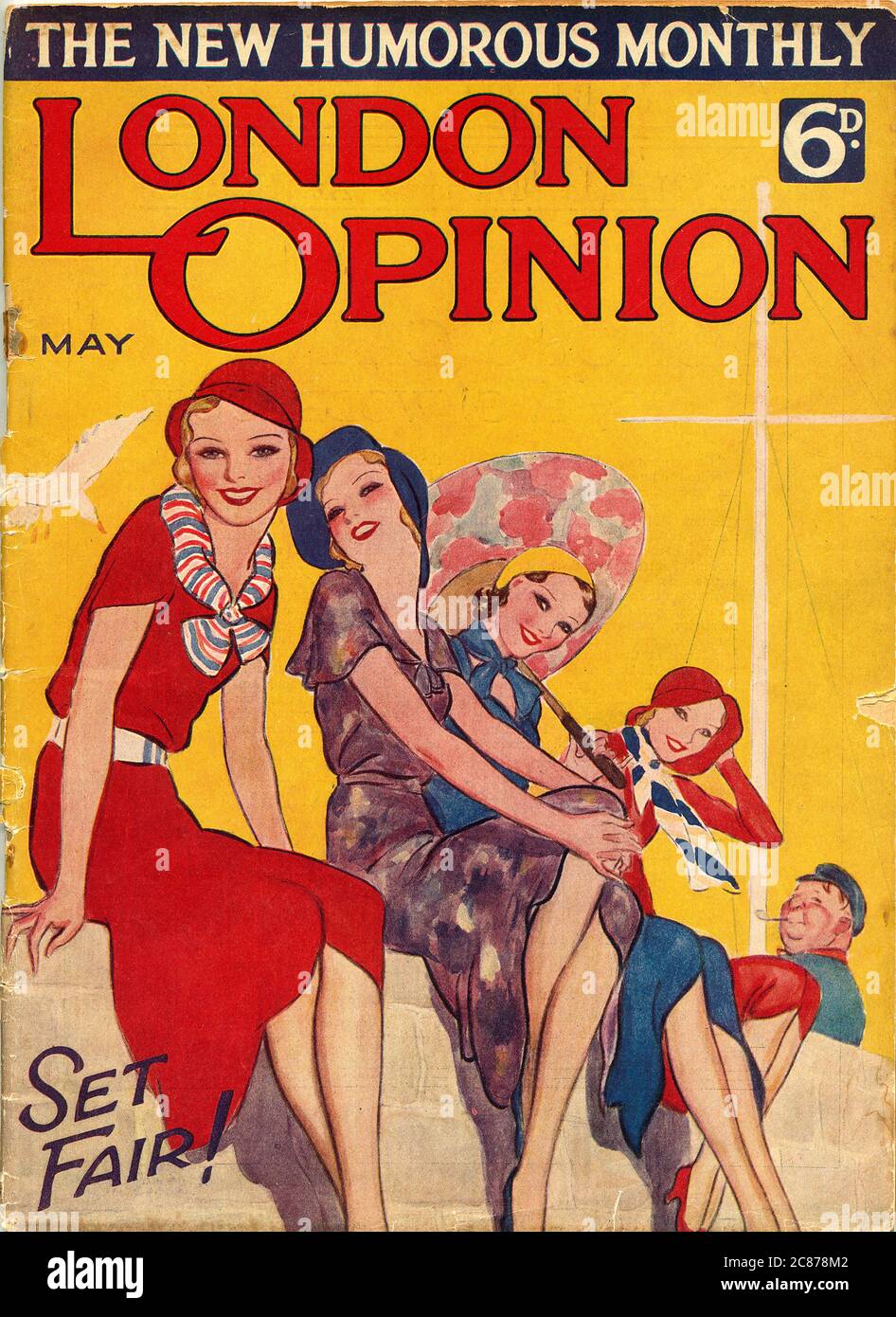 Couverture de tricherie du magazine London opinion, mai 1932, avec un groupe de gaious habillés et très jolies jeunes femmes assises sur un mur de mer. Date: 1932 Banque D'Images
