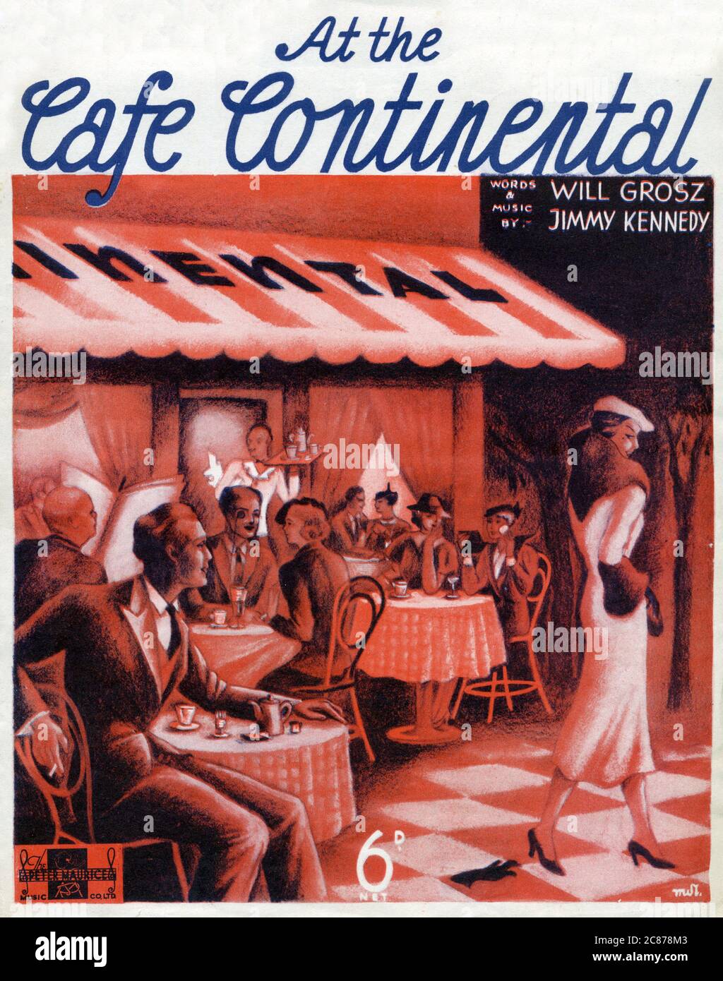 Couverture musicale pour « at the Cafe Continental » par will Grosz et Jimmy Kennedy. L'illustration présente un café continental avec divers clients assis à des tables extérieures. Un serveur émerge avec des boissons et une femme élégante saisit l'œil d'un admirateur. Date: 1936 Banque D'Images