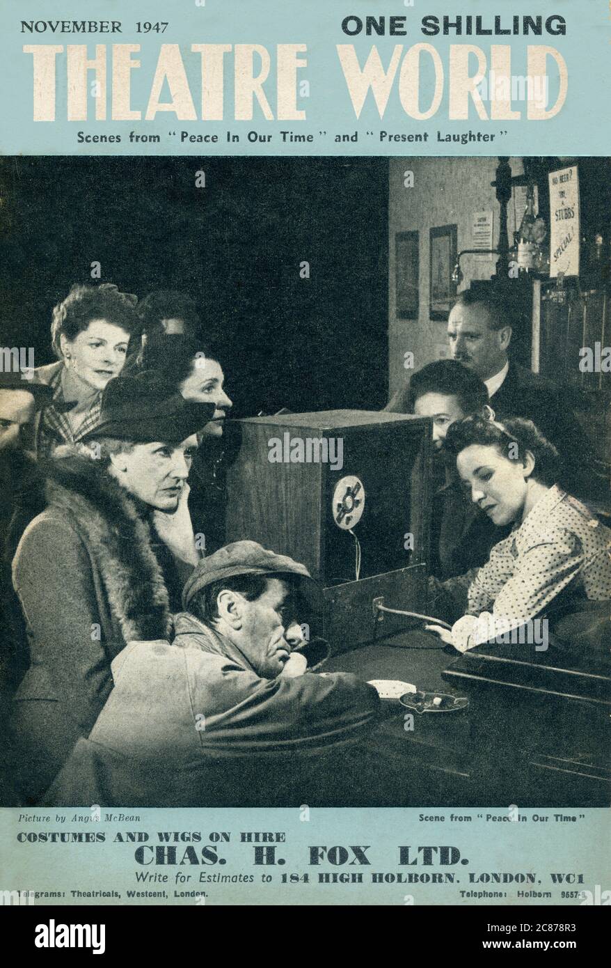 Couverture du magazine Theatre World présentant une scène de Peace in Our, le Noel Coward joue au théâtre Aldwych. Une autre pièce de Coward, aujourd'hui Laughter, était en train d'être ravivé au Haymarket Theatre en même temps. Date: 1947 Banque D'Images