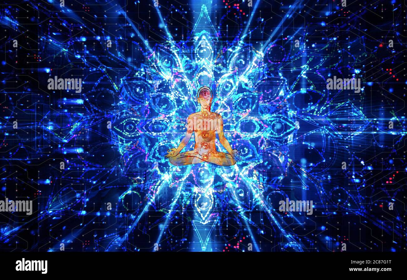 Silhouette humaine méditant ou faisant du yoga sur fond psychédélique Banque D'Images