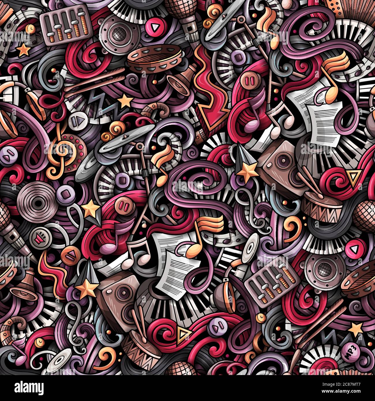 Musique griffée à la main, motif sans couture. Instruments de musique de fond. Motif en tissu de dessin animé. Illustration vectorielle colorée Illustration de Vecteur