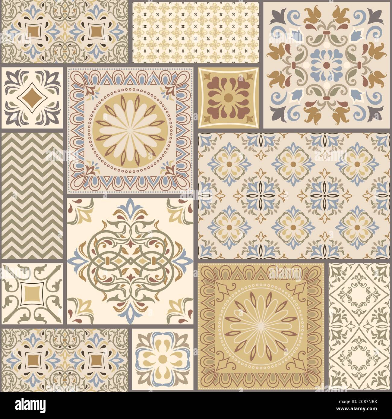 Carreaux patchwork sans couture aux motifs victoriens dans des couleurs rétro. Vecteur. Illustration de Vecteur