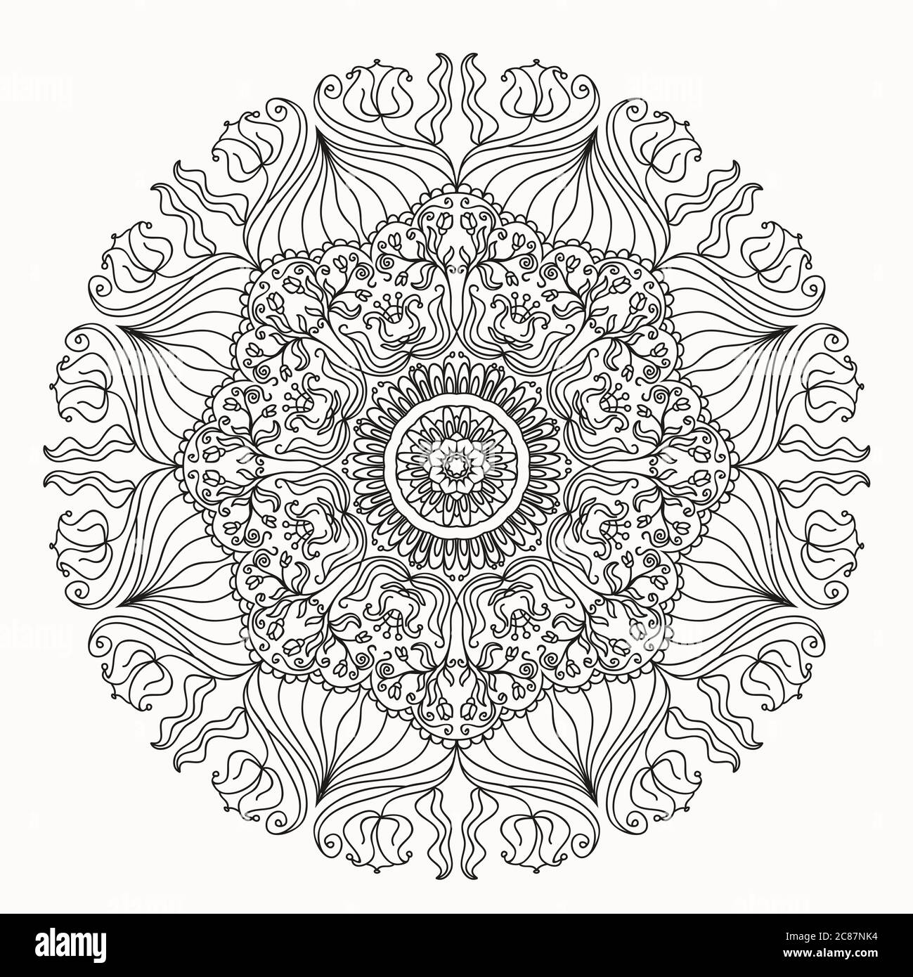 Mandala à la main et motif fleuri. Page de livre de coloriage. Modèle de traitement anti-stress. Décoration vectorielle abstraite ronde à fleurs en noir et blanc Illustration de Vecteur