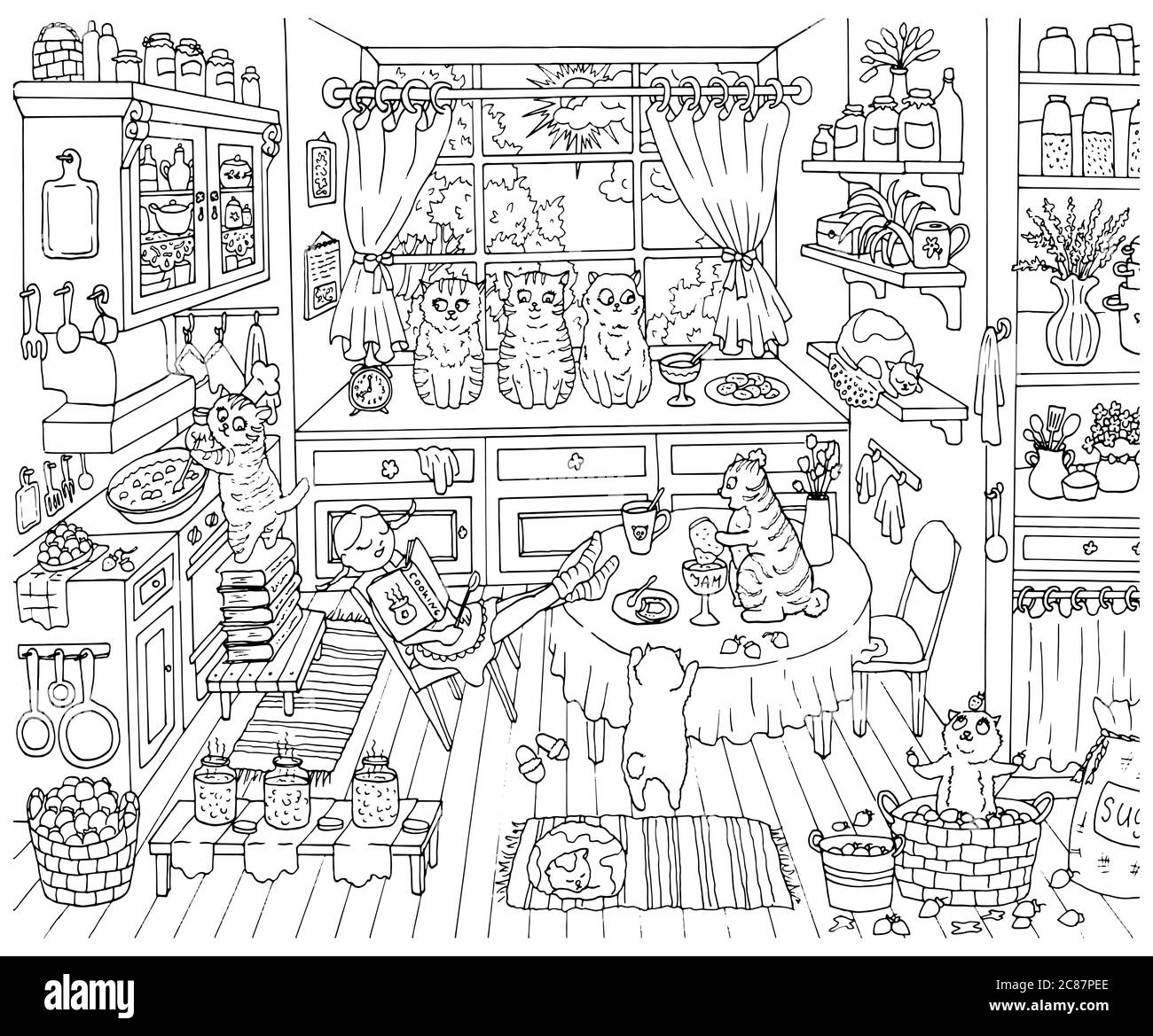 Illustration vectorielle mignon dessinée à la main avec une vieille cuisine, jolie fille endormi et adorables chats de queue de bœuf drôle aidant à cuisiner de la confiture, backgroun graphique vintage Banque D'Images