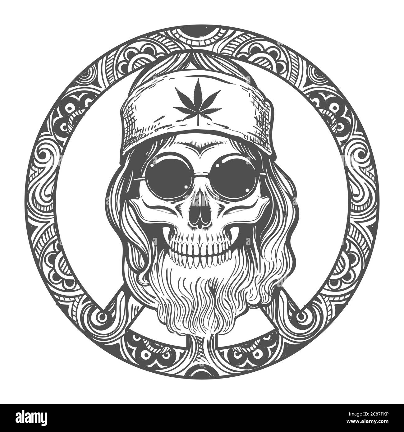 Crâne humain portant des vêtements hippie dans un symbole de paix. Illustration vectorielle. Illustration de Vecteur