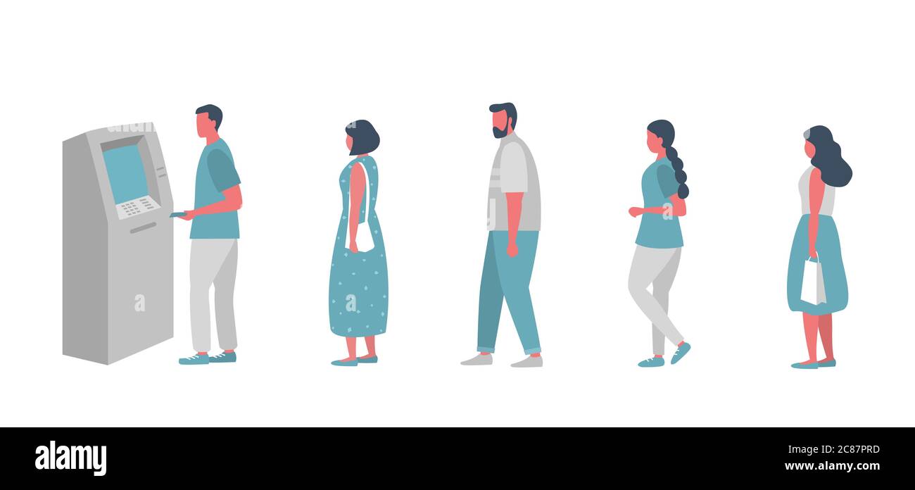 File d'attente vers le distributeur automatique de billets. Les gens attendent en file d'attente pour retirer de l'argent d'un guichet automatique. Illustration vectorielle de style plat Illustration de Vecteur