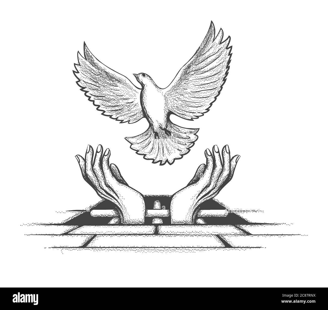 Les prisonniers ont les mains qui ont libéré Dove de prison. Tatouage concept de liberté. Illustration vectorielle. Illustration de Vecteur