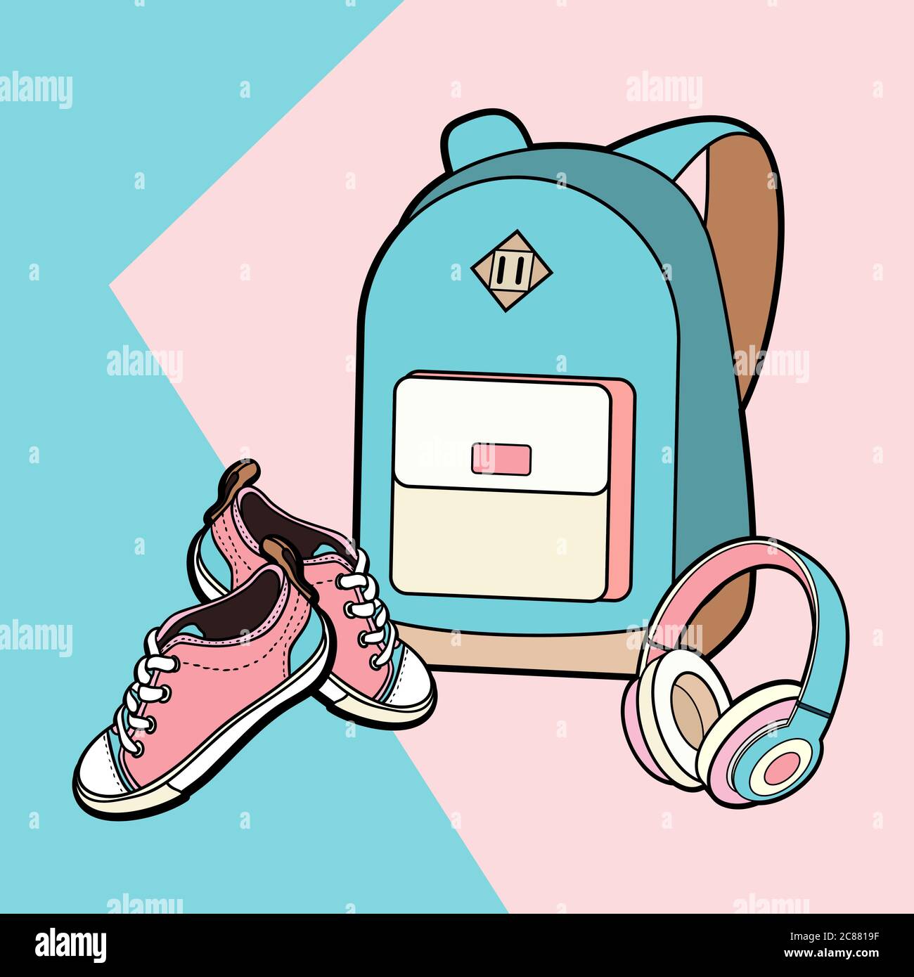 Ensemble sac à dos, baskets et écouteurs Vector Isolate. Affiche pour affiche de l'affiche du logo de l'illustration des chaussures à dos hipster mode pour jeunes Illustration de Vecteur