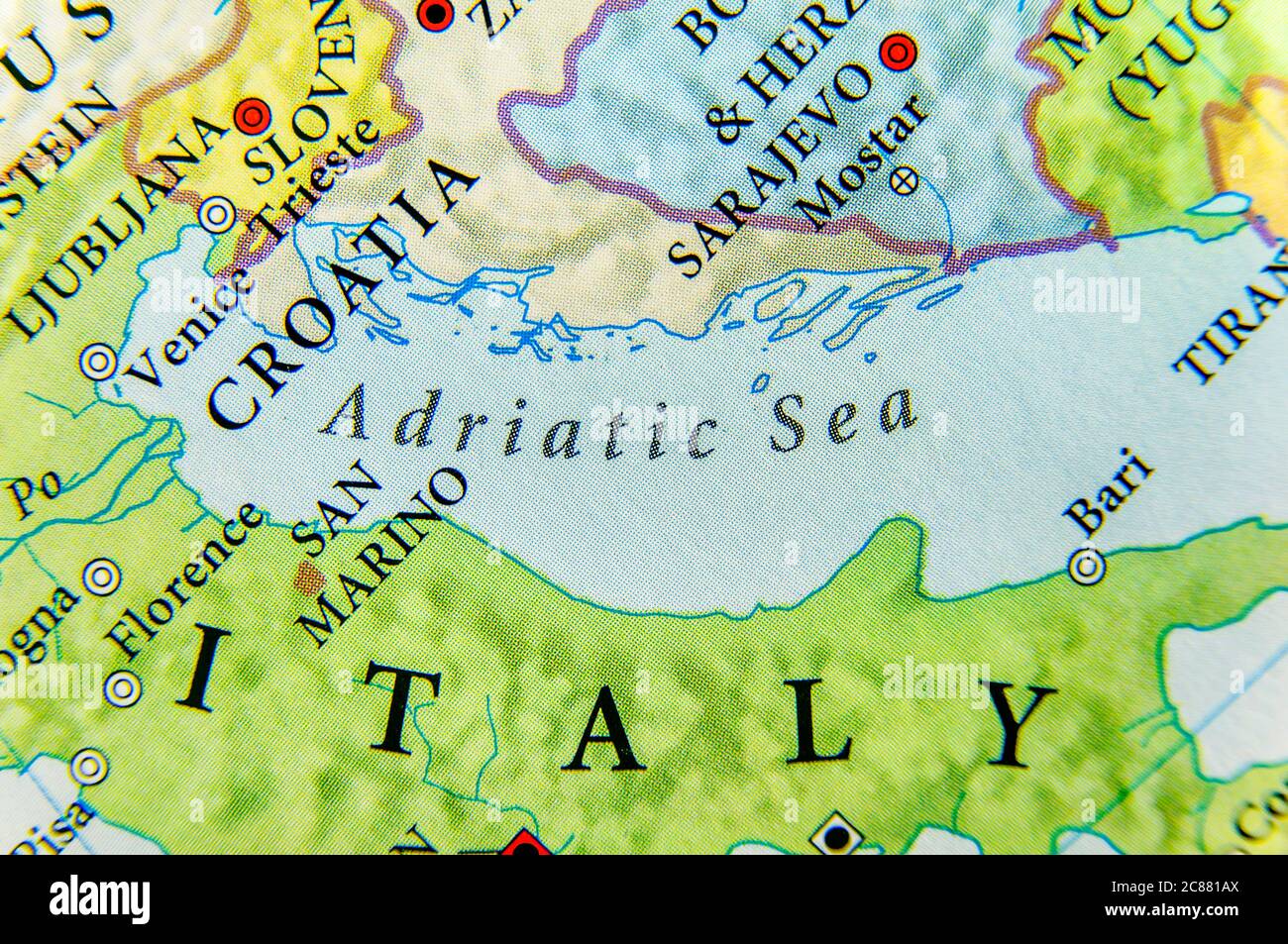 Carte géographique de la mer Adriatique européenne proche Banque D'Images