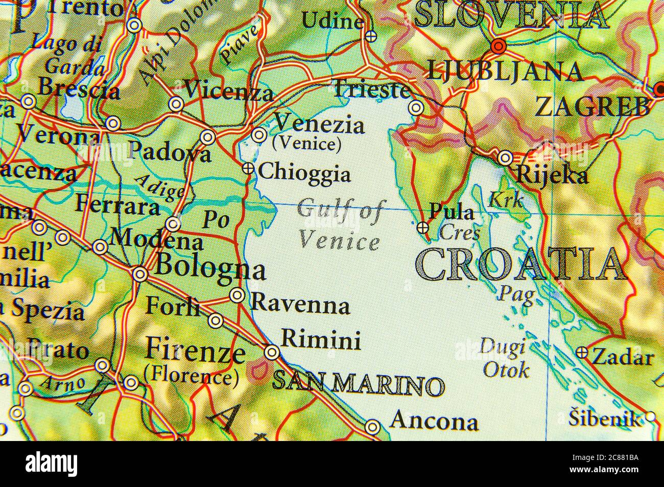 Carte géographique du golfe de Venise de la mer Adriatique européenne Banque D'Images