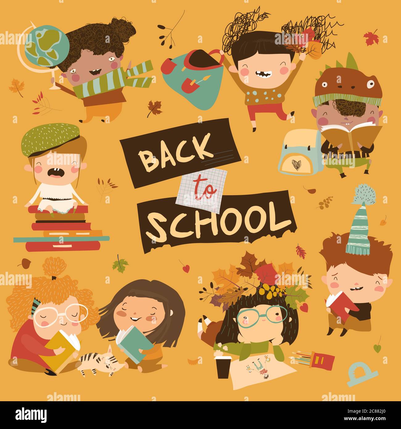 Des enfants heureux avec l'équipement scolaire. Retour à l'école Illustration de Vecteur