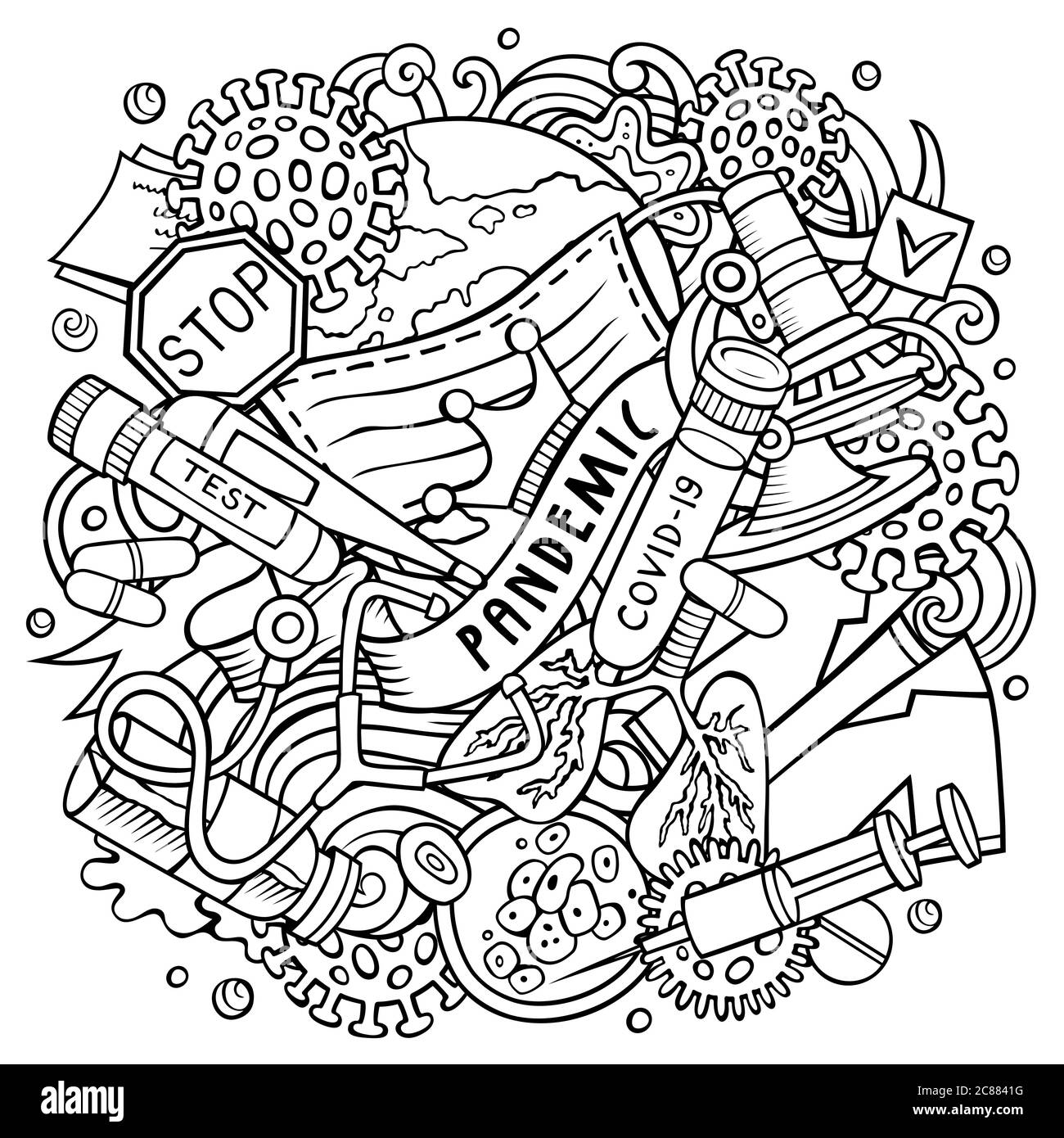 Dessin animé vecteur griffé illustration de la pandémie. Image épidémique de l'art de ligne Illustration de Vecteur