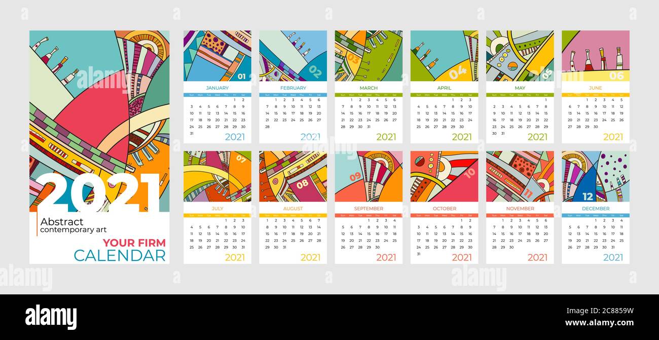 ensemble de 2021 calendriers abstraits de style art contemporain. Bureau, écran, bureau mois 2021, modèle de calendrier 2021 coloré Illustration de Vecteur
