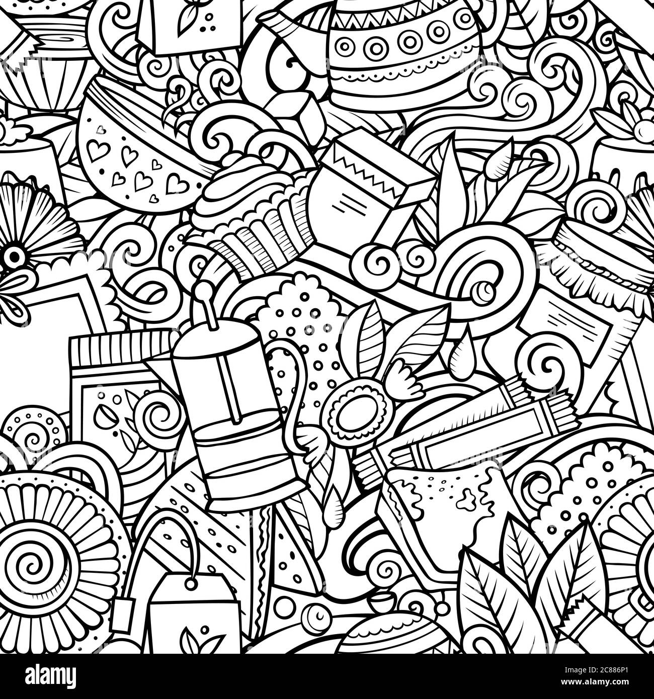 Dessin animé adorable motif sans couture de la maison de thé dessiné à la main. Illustration de Vecteur