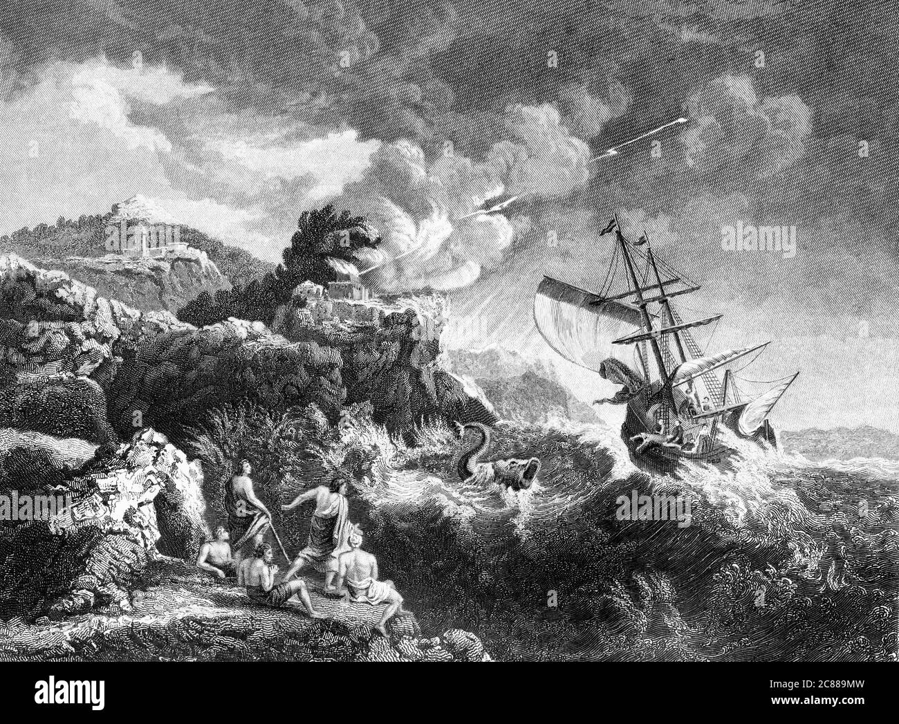 Une image gravée de la Bible de l'ancien Testament illustrant le prophète Jonas étant jeté à la mer avant d'être avalé par la baleine, d'un Vic d'époque Banque D'Images Une image gravée de la Bible de l'ancien Testament illustrant le prophète Jonas étant jeté à la mer avant d'être avalé par la baleine, d'un Vic d'époque Banque D'Images
