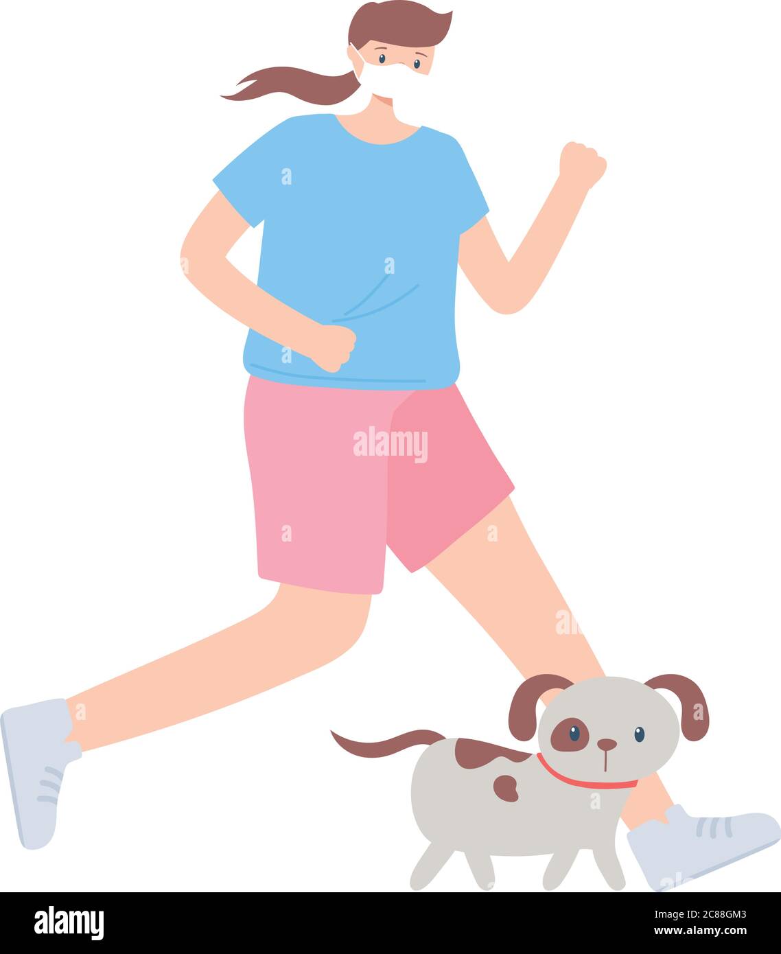 personnes avec masque médical, scooter et fille courant avec chien, activité de ville pendant l'illustration du vecteur du coronavirus Illustration de Vecteur